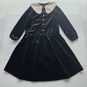 Lulu Elegant Black Velvet Dress with Peterpan Cream collar & gold buttons